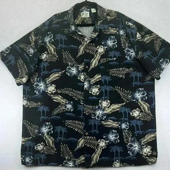 Vintage Silk Men’s Shirt 3XLT Black/Blue/Tan 100% Silk Hawaiian Tropical Island - Picture 1 of 10